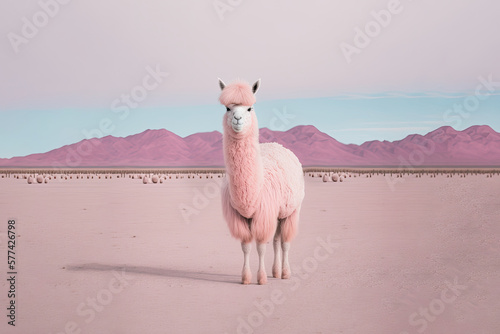 Generative AI illustration of cute pink llama in countryside photo