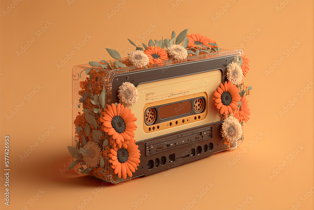 © ADDICTIVE STOCK - Generative AI illustration of retro music cassette covered with flowers © ADDICTIVE STOCK - Generative AI illustration of retro music cassette covered with flowers