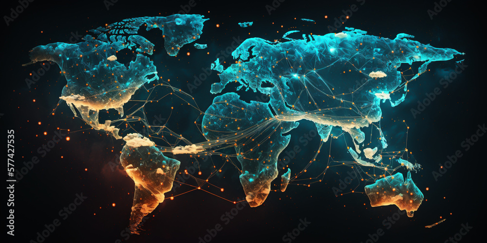 Double exposure of a world map connecting with clouds symbolizes global interconnectedness of 