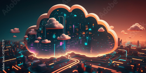 Cloud computing concept. Enables global access to computing resources through a worldwide network. Allows users to access applications, store data and manage workloads from any location. generative ai photo