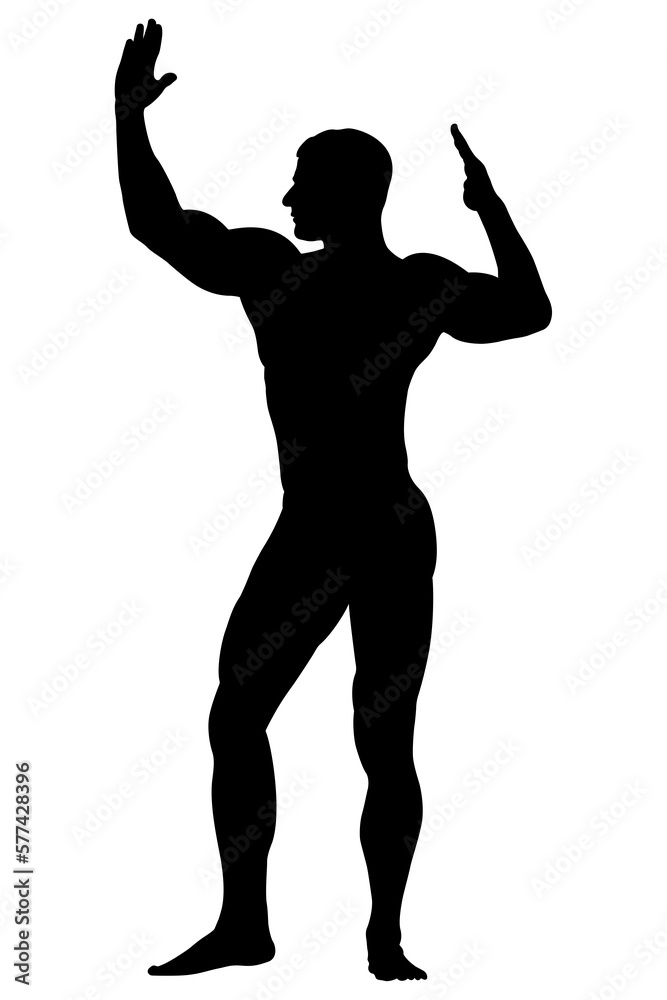 black silhouette athlete bodybuilder with raised muscular arms