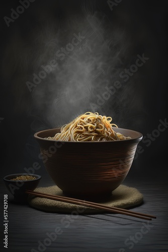 Soba noodles on dark wood, Japanese dish, AI generative