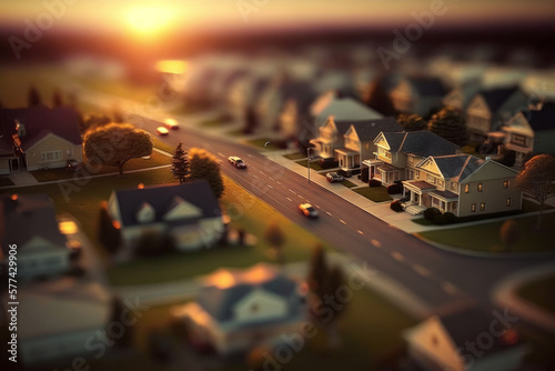 High aerial view over suburban houses in a residential neighborhood. Generative ai