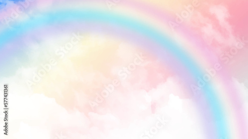 Picturesque view of rainbow pastel sky with fluffy clouds