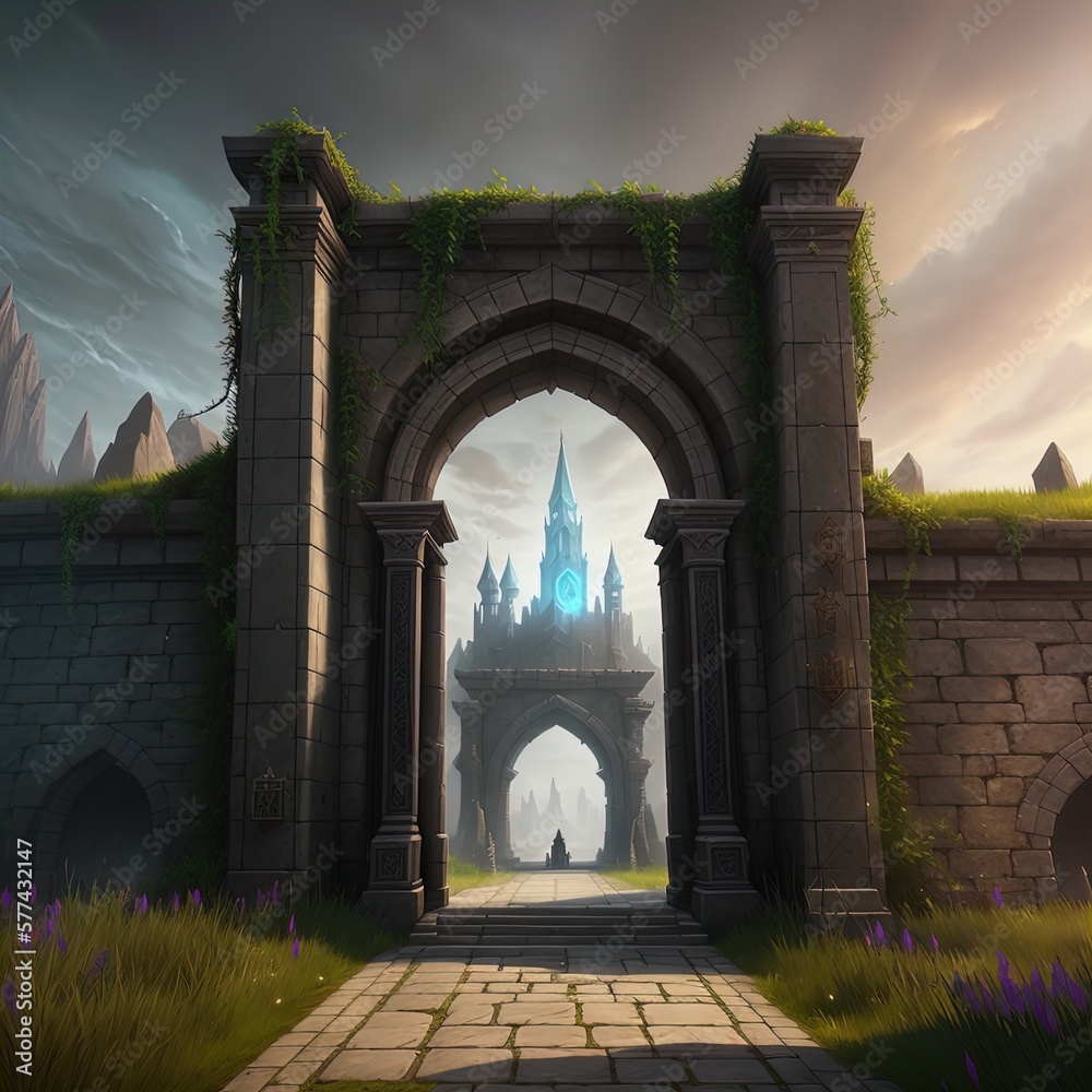 Fototapeta premium A gate leading to a mysterious and foreboding land. Great for dark fantasy, high fantasy, adventure, RPG. 