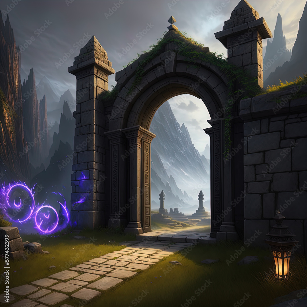Fototapeta premium A gate leading to a mysterious and foreboding land. Great for dark fantasy, high fantasy, adventure, RPG. 
