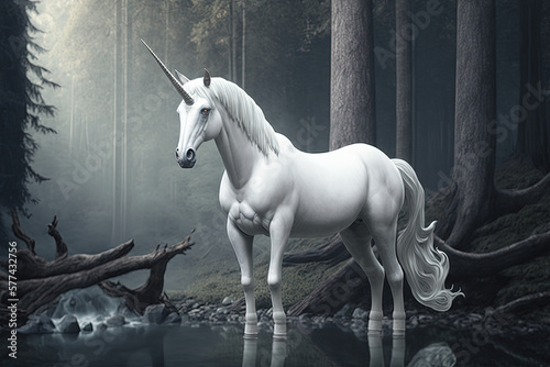 Unicorn in magic forest. Ai generated