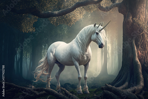 Unicorn in magic forest. Ai generated © Ярослав Антонюк