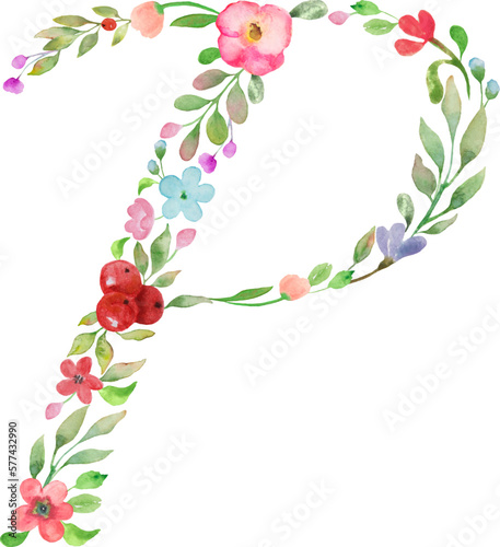 Monogram letter P made of watercolor flowers, leaves, branches, berries. Hand drawing illustration isolated on white background. Vector EPS.