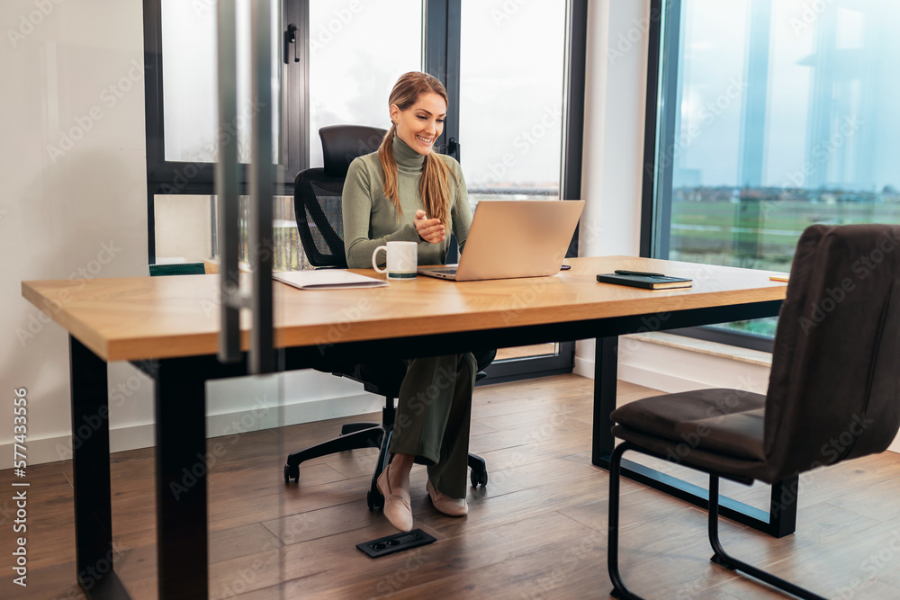 Portrait of a successful woman, businesswoman working in a modern office on laptop.