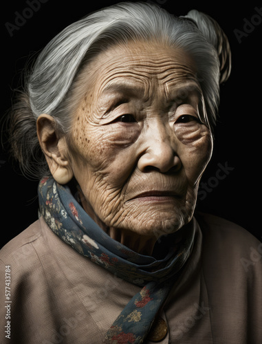 Elderly Chinese lady-portrait of a old woman-Black Background-Generative AI