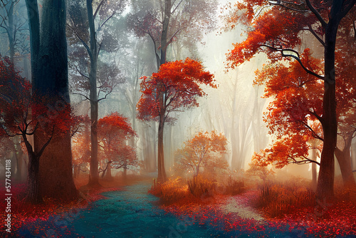 Mystical forest in fog in autumn colorful landscape with-enchanted trees with orange leaves.