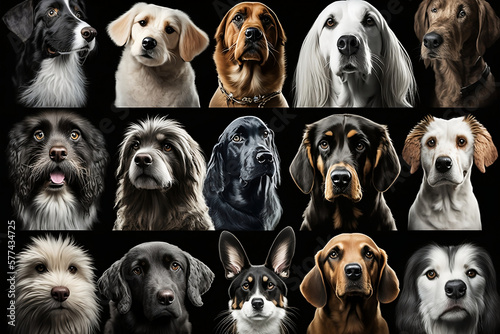 Collage of multiple dogs head portrait photos on a Dark background. Generative AI