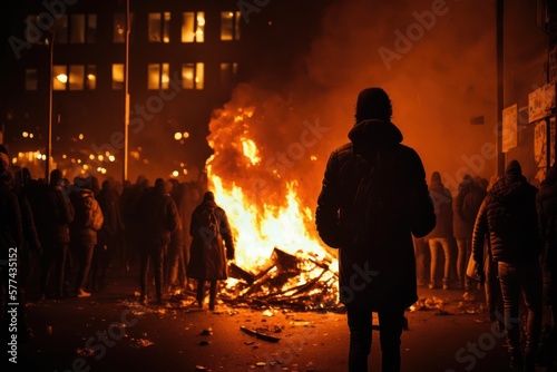 Large demonstrations in the city people, barricades, fire (Generative AI) © senadesign