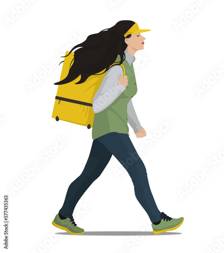 Courier, delivery worker.A young student girl in a uniform and with a yellow bag behind her back quickly walks forward.Vector illustration,EPS 10.The concept of a part-time job in the service industry