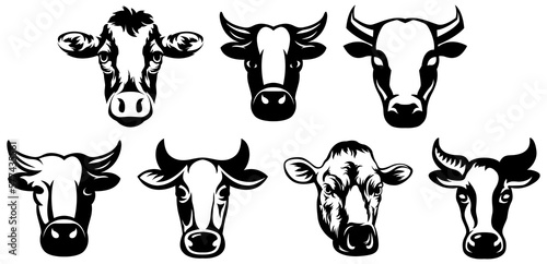 Cow head mascot variant set. Cattle logo. Farm animal illustration.