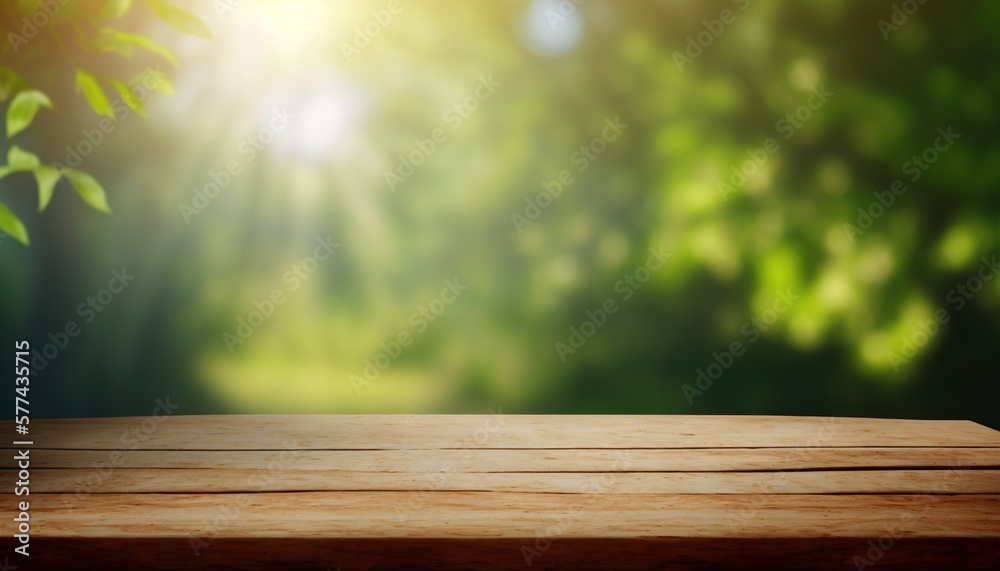 Wooden table and blurred green nature bokeh background for product.Tabletop photography: Images of various objects, such as books, plants, or stationery, arranged on a wooden tabletop.Generative AI Wooden table and blurred green nature bokeh background for product.Tabletop photography: Images of various objects, such as books, plants, or stationery, arranged on a wooden tabletop.Generative AI