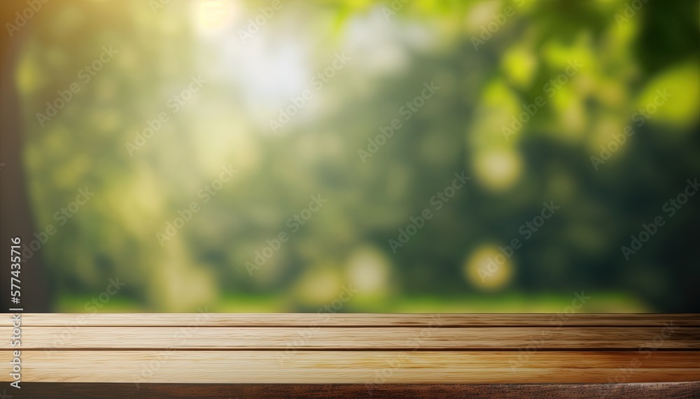 Wooden table and blurred green nature bokeh background for product.Tabletop photography: Images of various objects, such as books, plants, or stationery, arranged on a wooden tabletop.Generative AI Wooden table and blurred green nature bokeh background for product.Tabletop photography: Images of various objects, such as books, plants, or stationery, arranged on a wooden tabletop.Generative AI