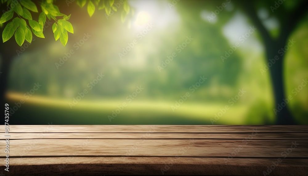 Wooden table and blurred green nature bokeh background for product.Tabletop photography: Images of various objects, such as books, plants, or stationery, arranged on a wooden tabletop.Generative AI