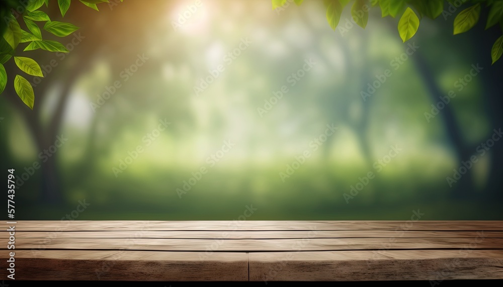 Wooden table and blurred green nature bokeh background for product.Tabletop photography: Images of various objects, such as books, plants, or stationery, arranged on a wooden tabletop.Generative AI Wooden table and blurred green nature bokeh background for product.Tabletop photography: Images of various objects, such as books, plants, or stationery, arranged on a wooden tabletop.Generative AI