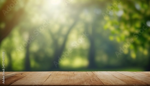 Wooden table and blurred green nature bokeh background for product.Tabletop photography: Images of various objects, such as books, plants, or stationery, arranged on a wooden tabletop.Generative AI