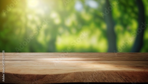 Wooden table and blurred green nature bokeh background for product.Tabletop photography: Images of various objects, such as books, plants, or stationery, arranged on a wooden tabletop.Generative AI