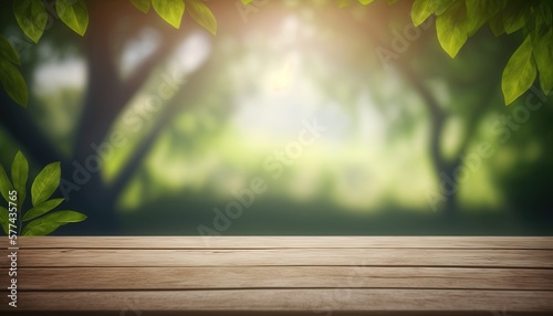 Wooden table and blurred green nature bokeh background for product.Tabletop photography  Images of various objects  such as books  plants  or stationery  arranged on a wooden tabletop.Generative AI