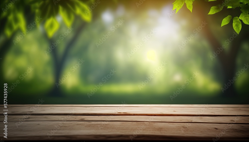 Wooden table and blurred green nature bokeh background for product.Tabletop photography: Images of various objects, such as books, plants, or stationery, arranged on a wooden tabletop.Generative AI Wooden table and blurred green nature bokeh background for product.Tabletop photography: Images of various objects, such as books, plants, or stationery, arranged on a wooden tabletop.Generative AI