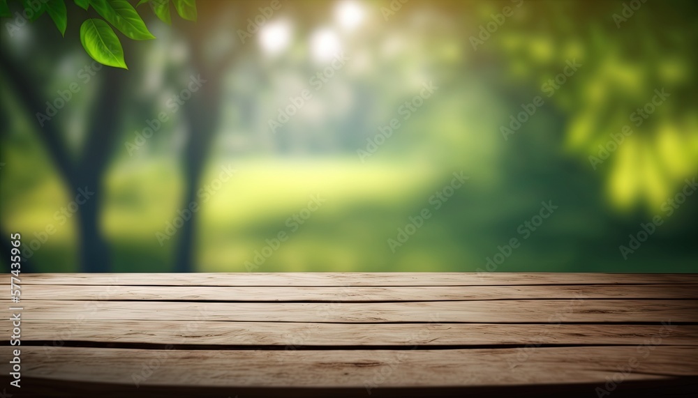Wooden table and blurred green nature bokeh background for product.Tabletop photography: Images of various objects, such as books, plants, or stationery, arranged on a wooden tabletop.Generative AI Wooden table and blurred green nature bokeh background for product.Tabletop photography: Images of various objects, such as books, plants, or stationery, arranged on a wooden tabletop.Generative AI
