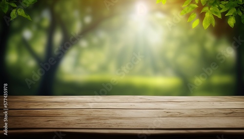 Wooden table and blurred green nature bokeh background for product.Tabletop photography  Images of various objects  such as books  plants  or stationery  arranged on a wooden tabletop.Generative AI