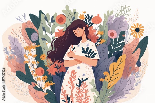 Flat design illustration of self love concept. Woman embracing herself surrounded by flowers. Generative AI illustration photo