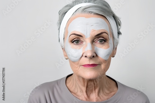 Mature retired woman with facial treatment on face looking at camera. Generative AI