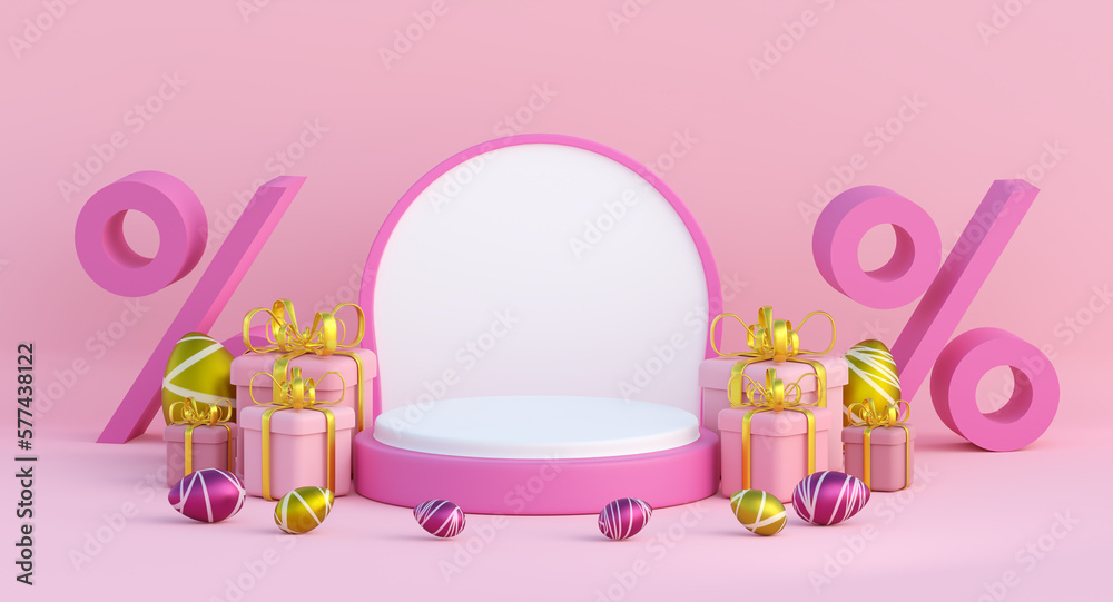 Pink and white podium with pink background and Easter eggs. 3d render illustration Pink and white podium with pink background and Easter eggs. 3d render illustration