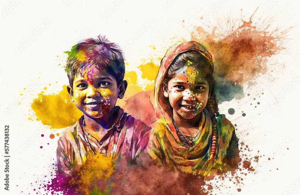Happy Indian kids in watercolor style over white background. Generative AI illustration