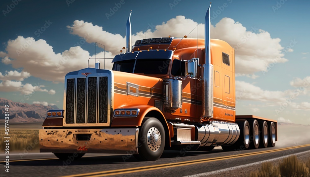 Orange semi truck on highway at sunset, generative ai Orange semi truck on highway at sunset, generative ai