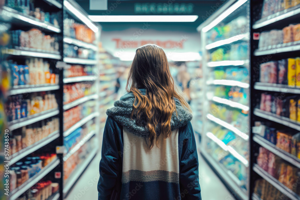 Rear view of young woman shopping in supermarket. Generative AI.