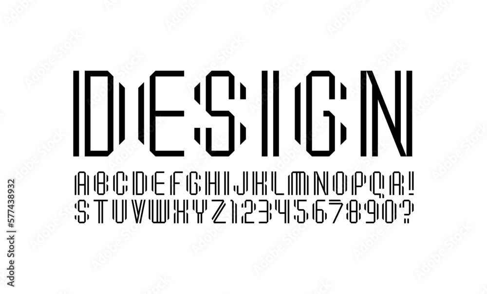 Tech font alphabet from double line, minimal technology style letters and numbers made in parallel ribbon, vector illustration 10EPS