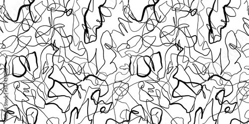 Hand drawn fun playful trendy childish squiggly doodle drawing line art pattern. Seamless abstract chaotic ink pen or marker scribble texture backdrop. Bold black lines isolated on white background. photo