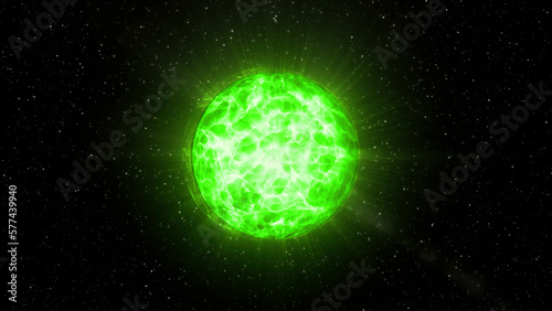 Black background with a magic ball. Motion.A white and green magic ball with animation that glitters.