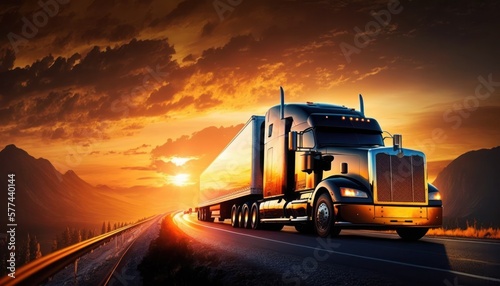 Semi truck on highway at sunset, generative ai © AI BLONDY