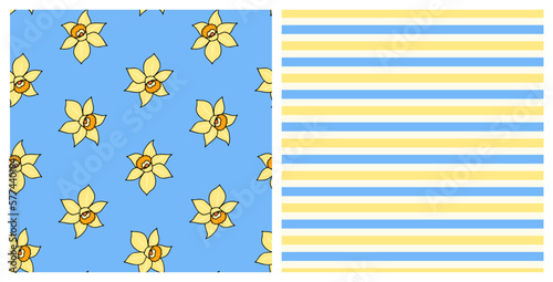 Set of seamless patterns with hand drawn daffodils and stripes, on isolated background. Design for mother's day, Easter, springtime and summertime celebration, scrapbooking, home decor, paper crafts.