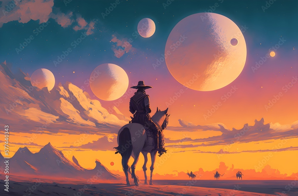 cowboy riding a horse against sunset sky with planets background, digital art style, illustration painting, Generative AI