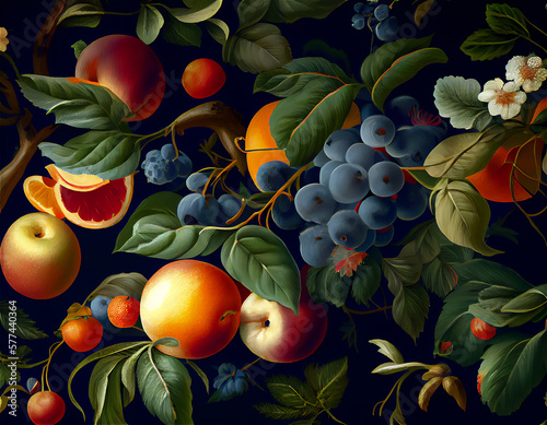 Colorful oil painting, made in the old style, flowers and fruits on a dark background, illustration