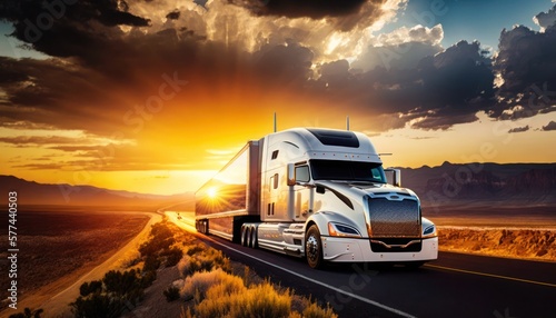 Semi truck on highway at sunset, generative ai © AI BLONDY