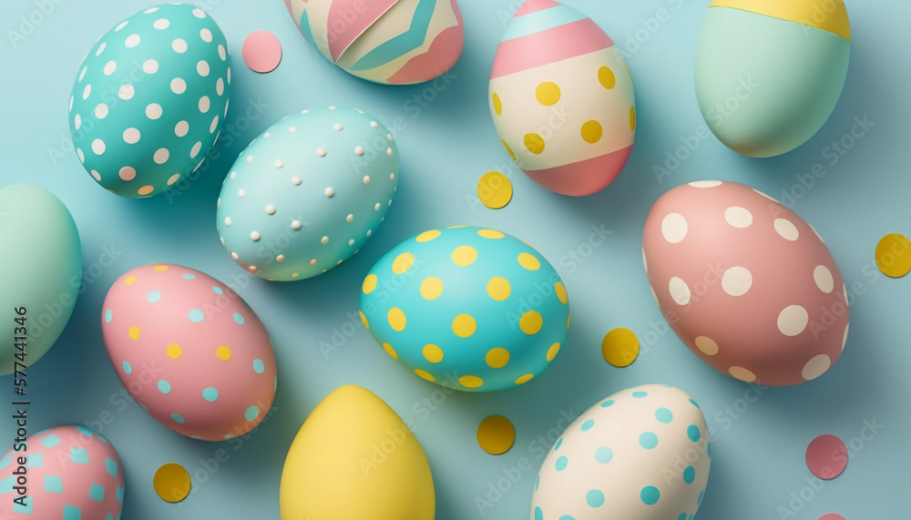 Top view of colorful easter eggs on blue background. Generative AI.