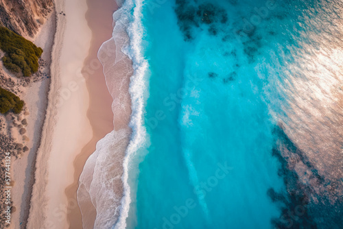Beach and waves from top view. Turquoise water background from top view. generative ai.