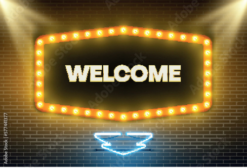 Glowing welcome sign neon Christmas tree silhouette illuminated billboard banner realistic vector