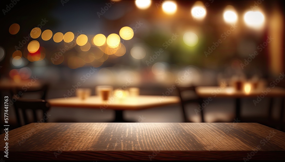 Wooden table in front of abstract blurred restaurant lights background. generative ai.