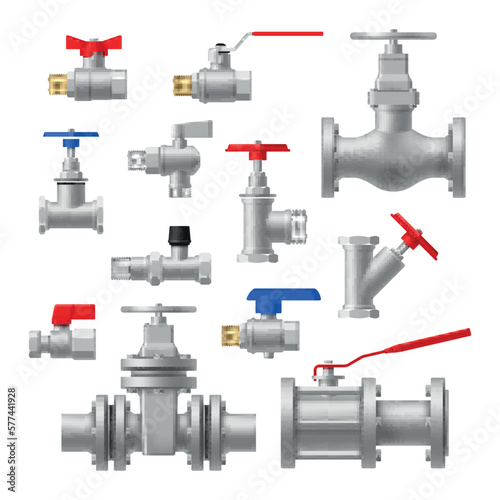 Valves and taps pipe plumbing engineering connection equipment set realistic vector illustration