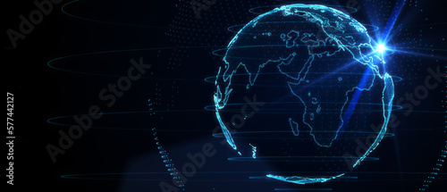 Blue futuristic background with planet Earth. Composition  representing the global  network connection  international meaning. Global social network. 3d illustration.
